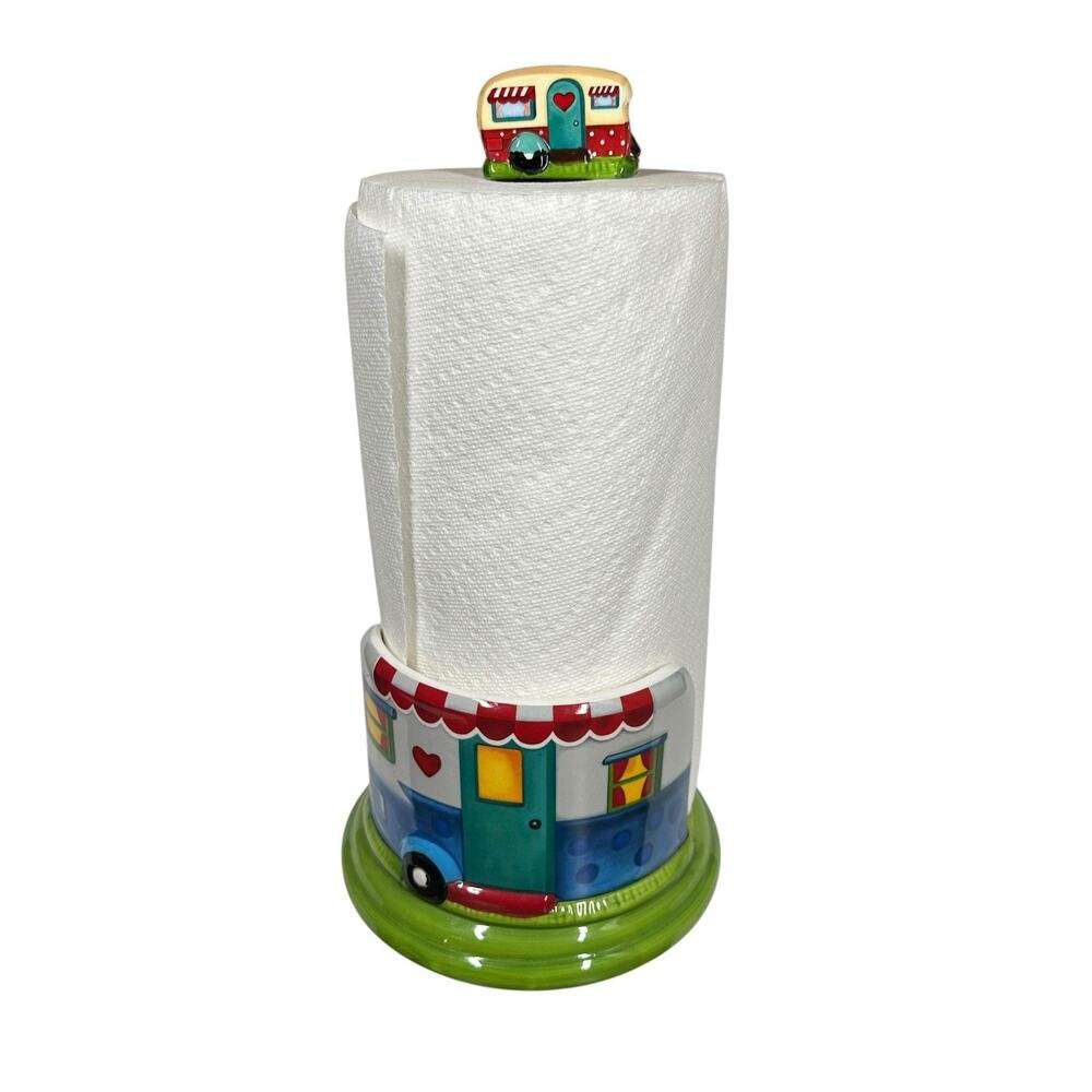 LTD COMMODITIES RV Paper Towel Holder Camping Happy Camper Ceramic Wood Retro